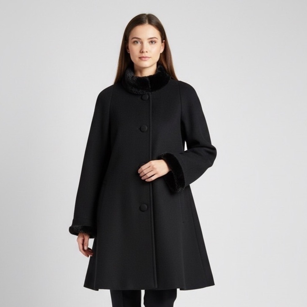 Vintage Albert Nipon Studio Black Wool Swing Coat Faux Fur Collar Cuffs USA M‎